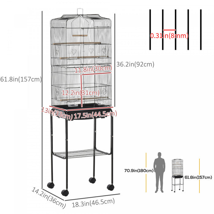 Pawhut 62\" Bird Cage Budgie Cage With Wheels, Detachable Stand, Storage, Black