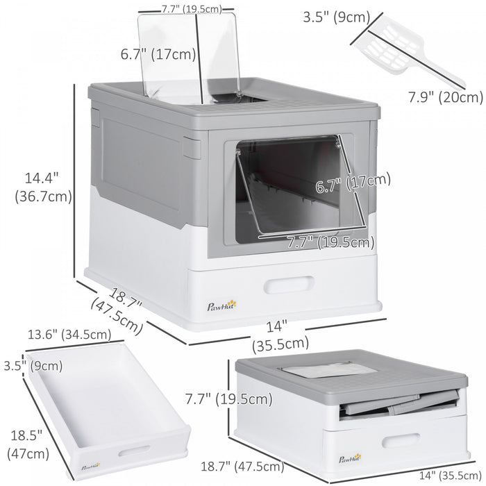 Pawhut Cat Litter Box, Top Entry Enclosed Kitty Litter Box With Scoop, Tray, Foldable Portable Kitten Litter Box Enclosure With Front Entry, Large Space, Grey