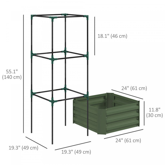 Outsunny Raised Garden Bed, 24\" X 24\" X 11.8\" Outdoor Galvanized Planter Box With 3-tier Trellis Tomato Cage And Open Bottom For Climbing Vines, Vegetables, Flowers, Green