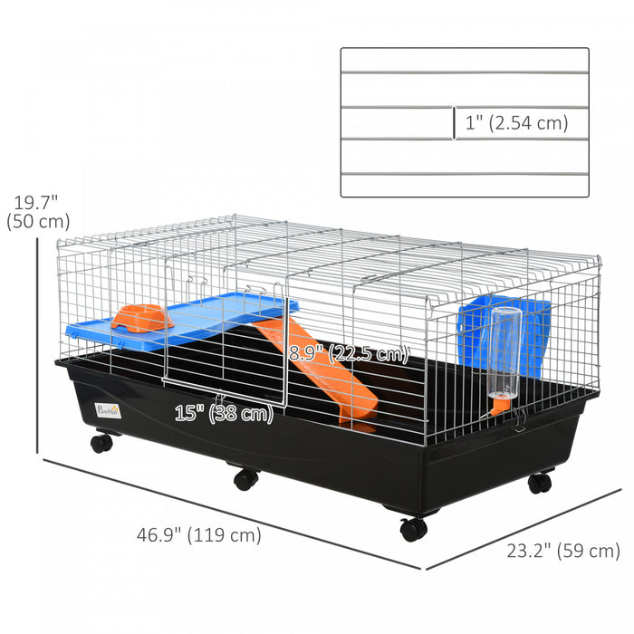 Pawhut 47\" Small Animal Cage, Rolling Bunny Cage, Guinea Pig Cage With Food Dish, Water Bottle, Hay Feeder, Platform, Ramp For Ferret Chinchilla, Black