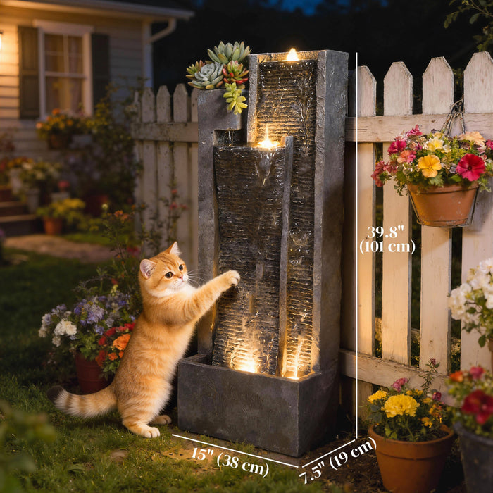 Outsunny Water Fountain with LED Lights, Cascading Waterfall Feature