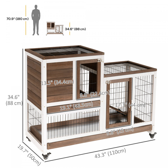 Pawhut Rabbit Hutch Indoor Bunny Cage Guinea Pig House On Wheels With Run, Pull Out Trays, Brown And White