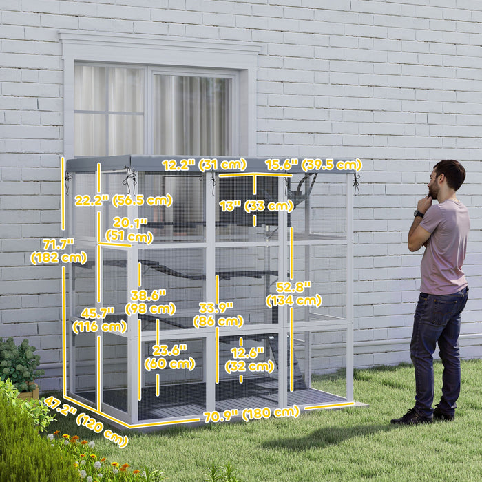 Pawhut Catio Outdoor Cat Enclosure, 71\" Large Wooden Cat House W/ Weatherproof Tarp, Walk-in Kitty Cage With Hammock, Condo, Platforms, Ladders, Ramps, For 2-4 Kittens, Grey