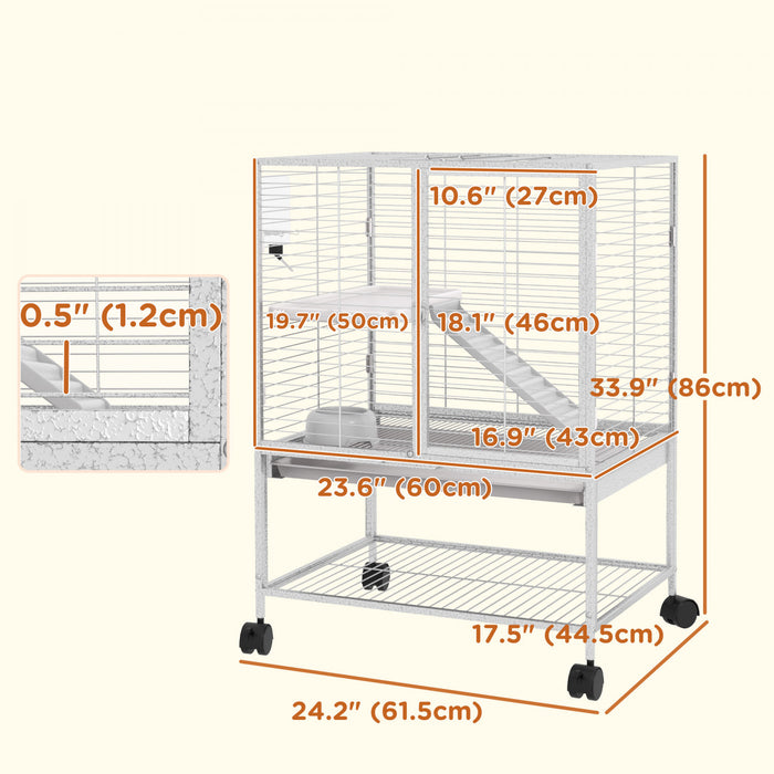 Pawhut Small Animal Cage With Wheels, Pet Playpen For Rat, Kitten, Ferrets, Chinchillas With Bottom Storage Shelf, Removable Tray, Ramp, 24.2\" X 17.9\" X 33.9\", Light Grey