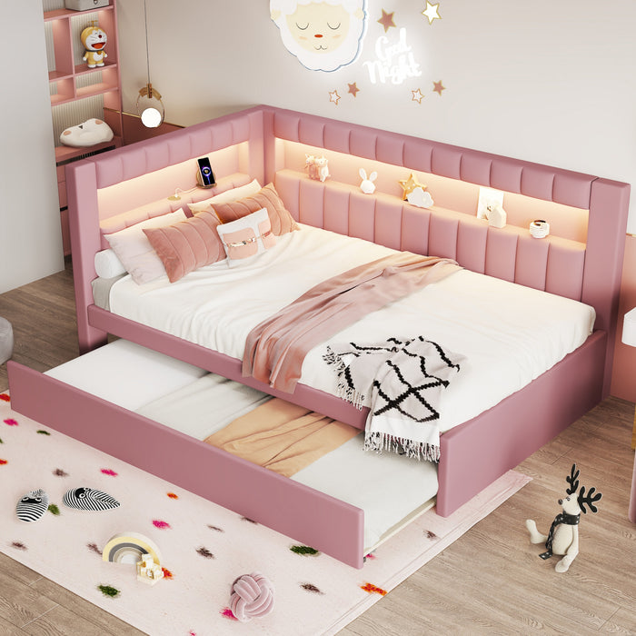 Lily Upholstered Platform Bed with LED and USB Ports,Pink Twin Bed