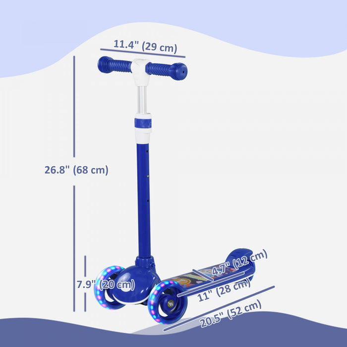Qaba Kids Scooter, 3 Wheel Toddler Scooter With 3-level Adjustable Height, Rear-fender Brake, Led Light, Tpe Handlebar, For Boys And Girls Ages 2-6, Blue