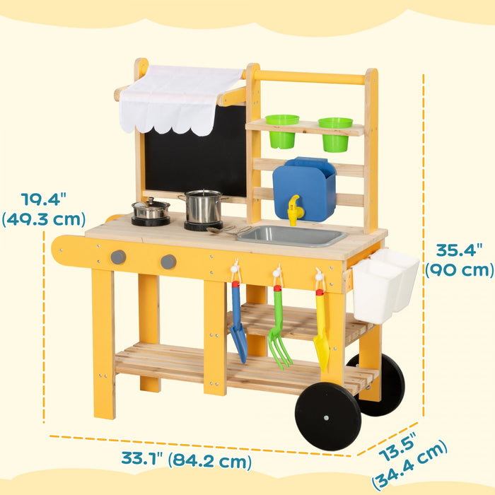 Qaba Mud Kitchen for Kids Outdoor with Wheels, Wooden Kids Play Kitchen Playset with Sink, Stove, Faucet, Storage Shelf, Planting Pots and Blackboard, Yellow