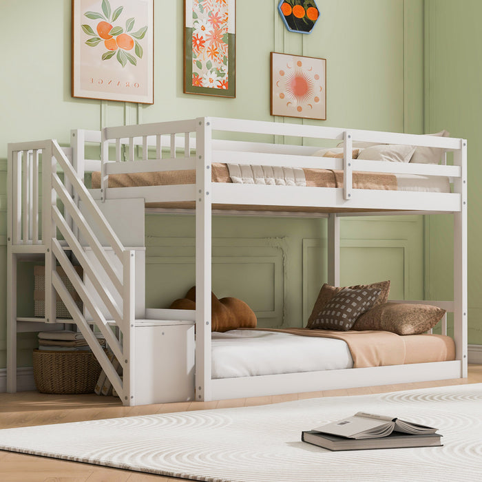 Liam Floor Bunk Bed with Ladder and Storage,Twin over Twin,White Twin Bed