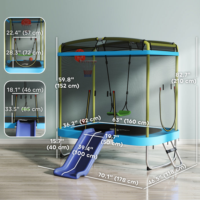 Qaba 70\" x 47\" Trampoline for Kids, Indoor & Outdoor Toddler Trampoline with Slide, Swing, Basketball Hoop, Ladder and Safety Enclosure, Gift for Boys & Girls, Light Blue