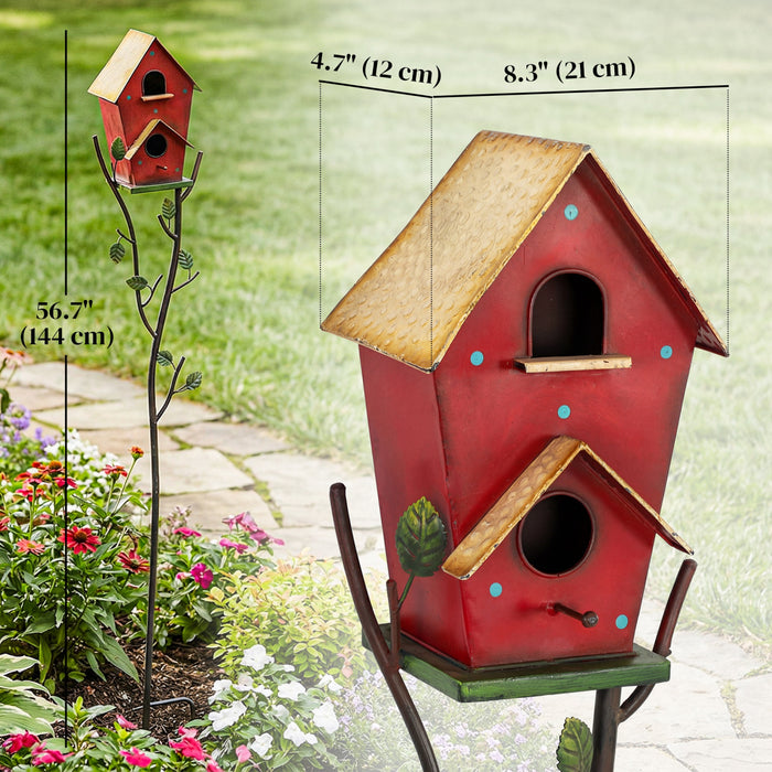 Outsunny Outdoor Bird House with Pole, 57\" Metal Birdhouse Decor, Red