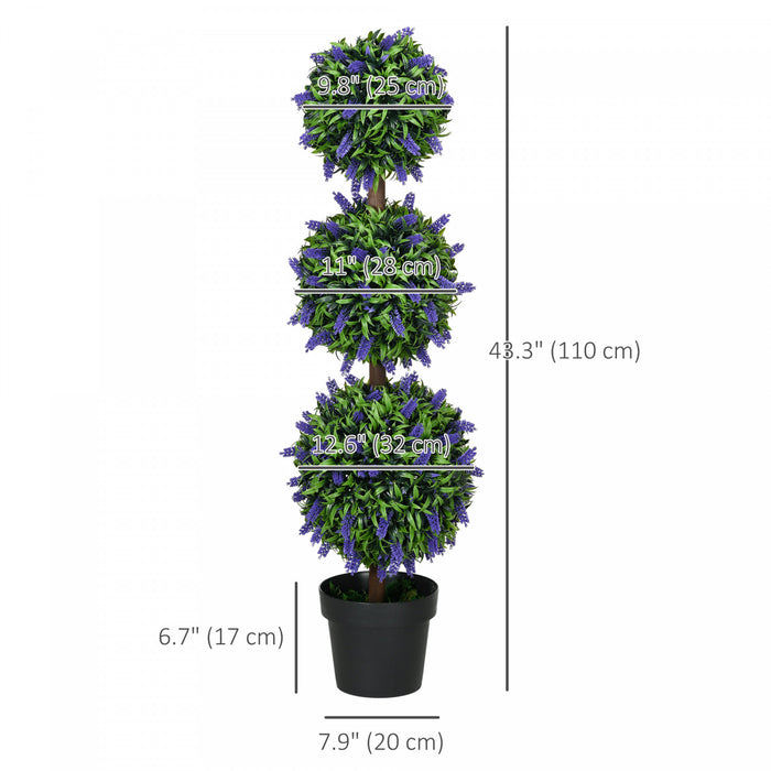 HOMCOM 3.5ft Set of 2 Potted Artificial Plant Ball Tree w/ Lavender Flowers