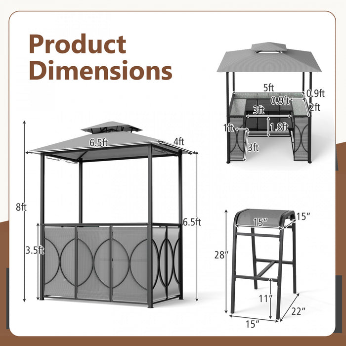 Costway 6.5 X 4 X 8 Ft Grill Gazebo Set With 2 Bar Stools, Tempered Glass Bar Table Gray