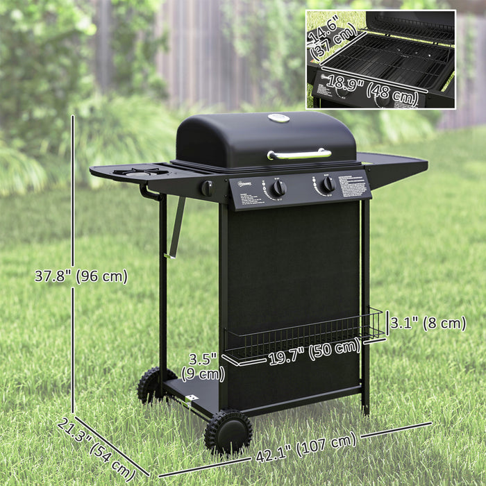 Outsunny 2+1 Burner Propane Gas BBQ Grill, Portable Gas Barbecue Grill with Side Burner, Lid, Side Table, Shelf, Spice Rack, Wheels, Grease Cup, Thermometer for Garden, Black