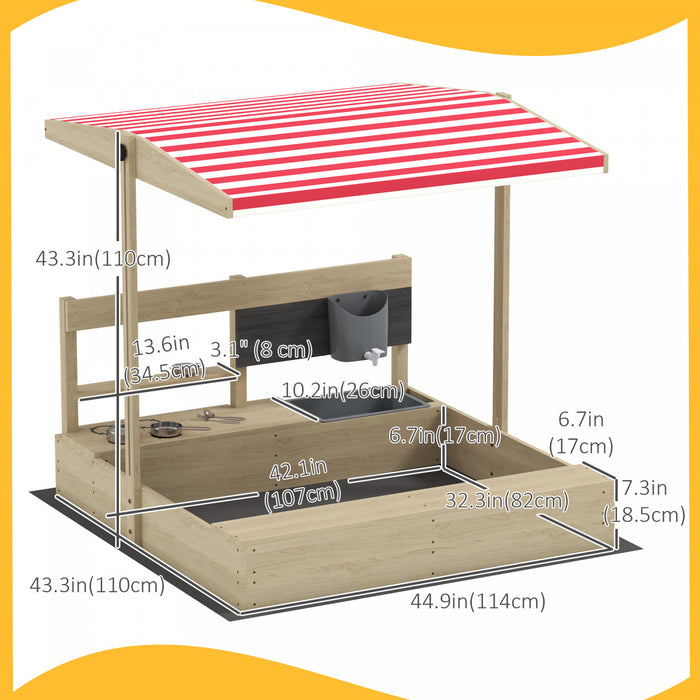 Outsunny Kids Sandbox with Cover, Wooden Sand Box with Adjustable Cover, Kitchen Playset Toys, Seat, Storage, Outdoor Sand Play for 3-7 Years Old, 45 x 43 x 43inch, Natural Wood