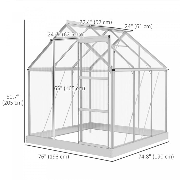 Outsunny 6' x 4' Polycarbonate Greenhouse, Walk-In Greenhouse with Sliding Door, Adjustable Window, Aluminium Frame and Foundation, Garden Grow House with Rain Gutter, Silver
