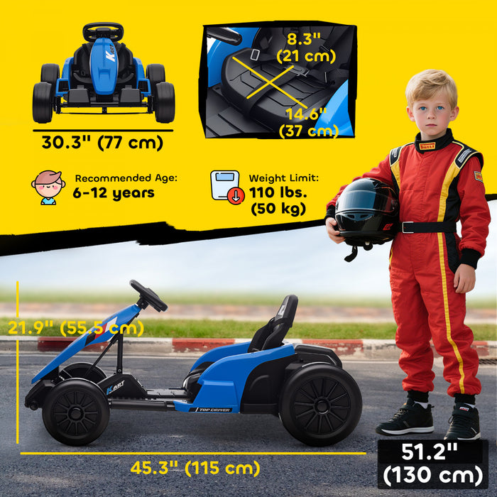 Qaba Electric Go Kart, 24V 9Ah Big Battery, Kids Drift Kart with Dual 150W Motors, Adjustable Seat & 11.2MPH High Speed, Slow Start, 5-Point Harness, for 6-12 Years, Blue