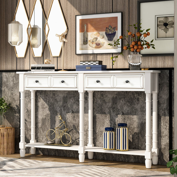 Phyllis Solid Wood Console Table With Drawers And Bottom Shelf - Ivory White