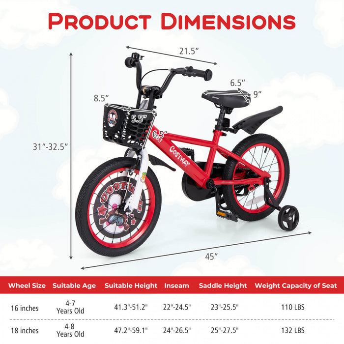 Costway 16\" Kid's Bike For 4-7 With Height-adjustable Handlebar & Saddle Handbrake Red