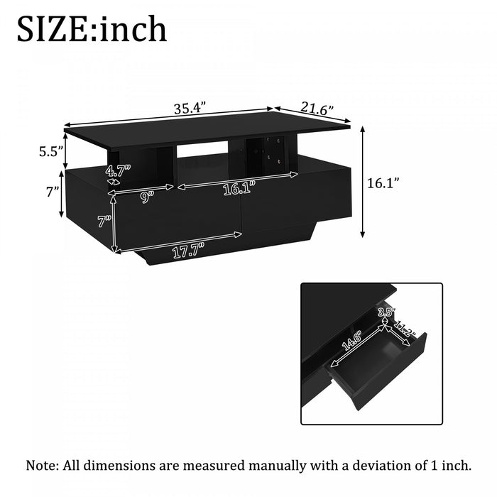 Lucas LED Coffee Table with Storage Drawers and Open Shelves,Black