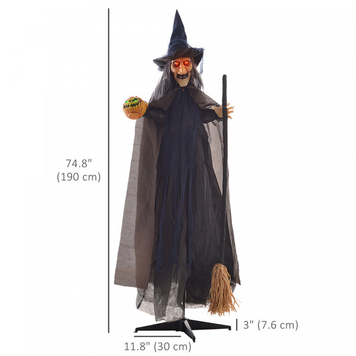Homcom Halloween Witch With Broomstick Animatronic Prop With Light Up Eyes