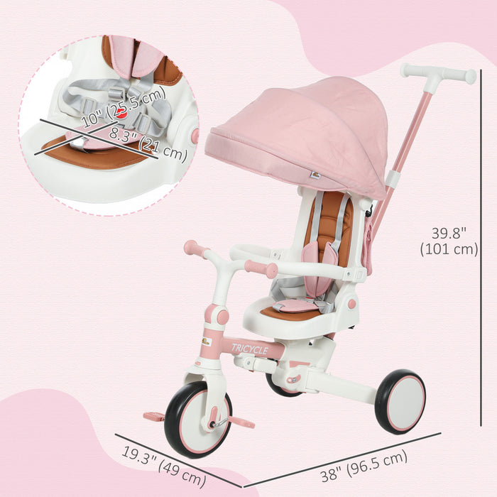 Qaba Toddler Tricycle, 7 In 1 Kids Trike With Adjustable & Removable Parent Handle, Canopy, Safety Harness, Folding Pedal, Storage Bag, Brake, Clutch, For 1-5 Years, Pink
