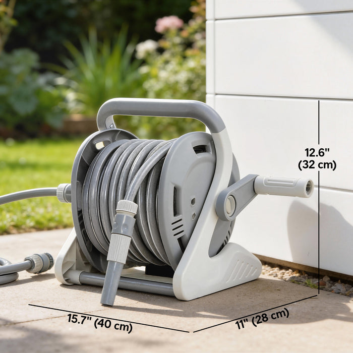 Outsunny Portable Garden Hose Reel, 1/2\" x 66ft Wall Mounted Hose Reel with 2 Patterns Spray Nozzle, Compact with Crank Handle for Yard Lawn Garage Car Cleaning Watering, Grey