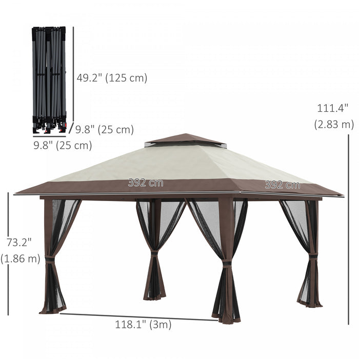 Outsunny 13' X 13' Pop Up Canopy With Mesh Sidewalls, Easy Up Canopy Tent Shelter With 2-tier Roof, Wheeled Carry Bag, Water/sand Bag For Garden, Backyard, Patio, Lawn, Beige