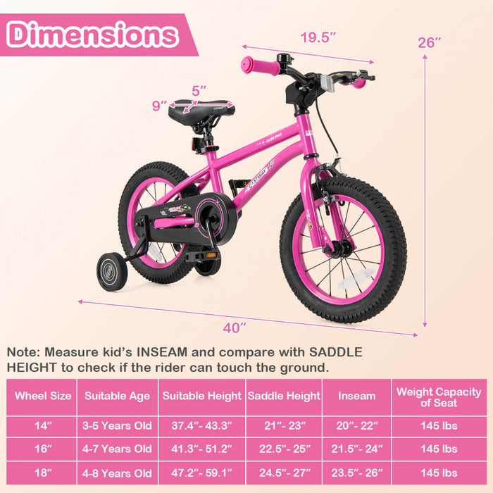 Costway 14-inch Kid's Bike For 3-5 Years Old With Adjustable Saddle & Anti-slip Handlebar Pink