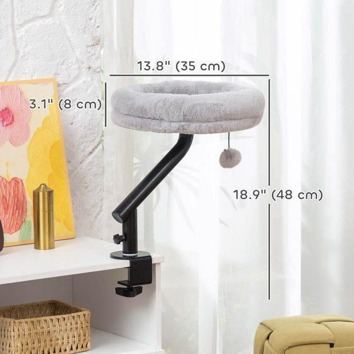 PawHut Cat Desk Bed, 360° Rotatable Adjustable Height Desktop Cat Bed for Home Office Work Window, Plush Washable Kitten Hammock for Indoor Kittens, Grey