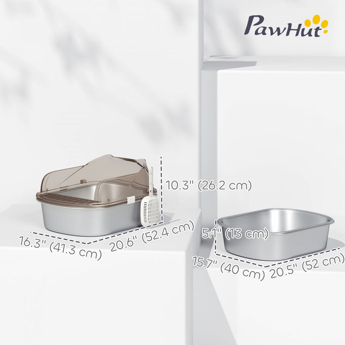 Pawhut Stainless Steel Cat Litter Box With Lid, Metal Kitty Litter Pan Tray With High Sided Enclosure, Steps & Scoop, Non-sticky & Anti-urine Leakage, Easy Cleaning