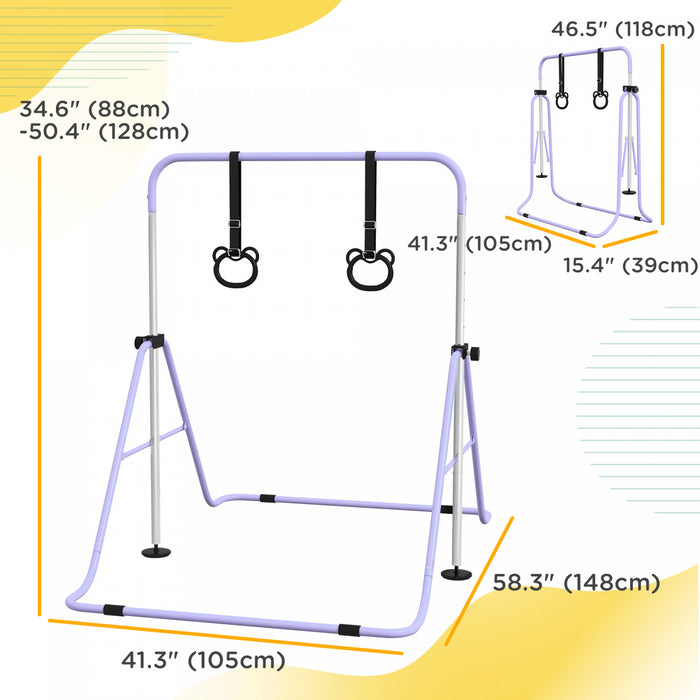 Qaba Gymnastics Bar For Kids, 35\"-50\" Adjustable Height Foldable Horizontal Bar With Gymnastics Rings, Non-slip Rubber Floor Rings, For Home Training Equipment, Purple