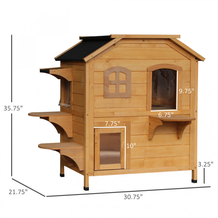 Pawhut Wood Outdoor Cat House 2-stories Catio For Cats With Indoor Lounge Space, Fun Entrances, Yellow