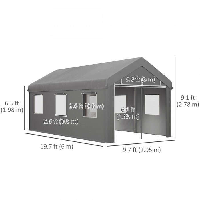 Outsunny 10' X 20' Carport, Heavy Duty Car Port With 6 Window And 2 Doors