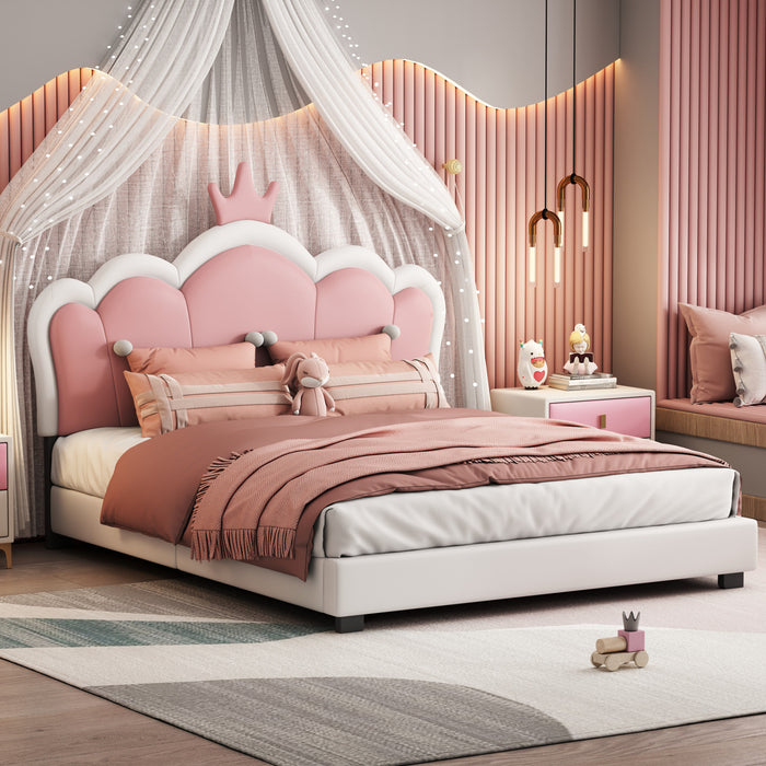 Judson Upholstered Princess Bed With Crown Headboard And Pu Platform Frame,full Size,cream Full Bed