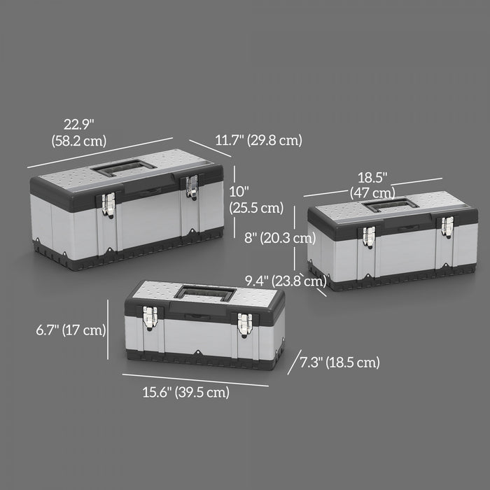 Homcom 3 Pieces Toolbox, 23\"/ 19\"/ 16\" Stainless Steel Tool Box Case Set