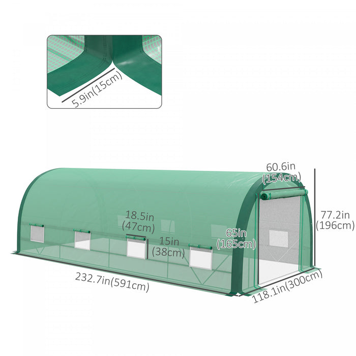 Outsunny 19.5' X 10' X 6.5' Walk-in Tunnel Greenhouse With Upgraded Structure, Zipped Roll Up Mesh Door, 8 Mesh Windows, Plant Hot House Tent With Pe Cover, 15 Plant Labels And Gloves, Green