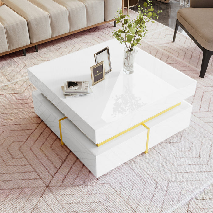 Ava High-Gloss Coffee Table with Storage Drawers and Gold Accents,White