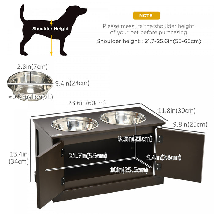 Pawhut Large Storage Stand Elevated Dog Bowls, Elevated Dog Food Storage Cabinet With 2 Stainless Steel Bowls, Brown