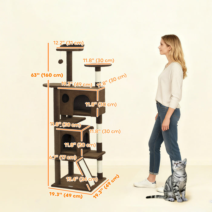 PawHut 63\" Cat Tree, Cat Tower for Indoor Cats with Scratching Posts, Cat Condos, Bed, Platforms, Ramp, Toy Ball, Cat Activity Center, Light Brown