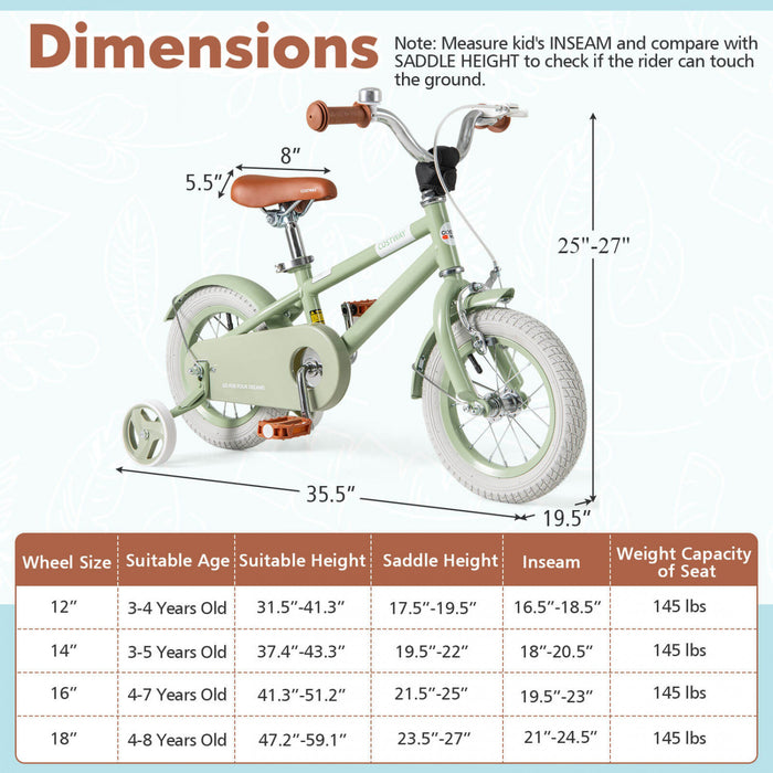 Costway 12\" Kids Bike With Adjustable Saddle Handlebar Removable Training Wheels Handbrake Green