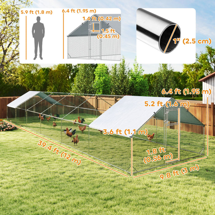 PawHut Metal Chicken Coop, Walk-in Large Chicken Run, Poultry Cage for 36-50 Hen, Duck, Rabbit with Water- and UV-Protection Cover, for Backyard, Garden, 39.4' x 9.8' x 6.4'