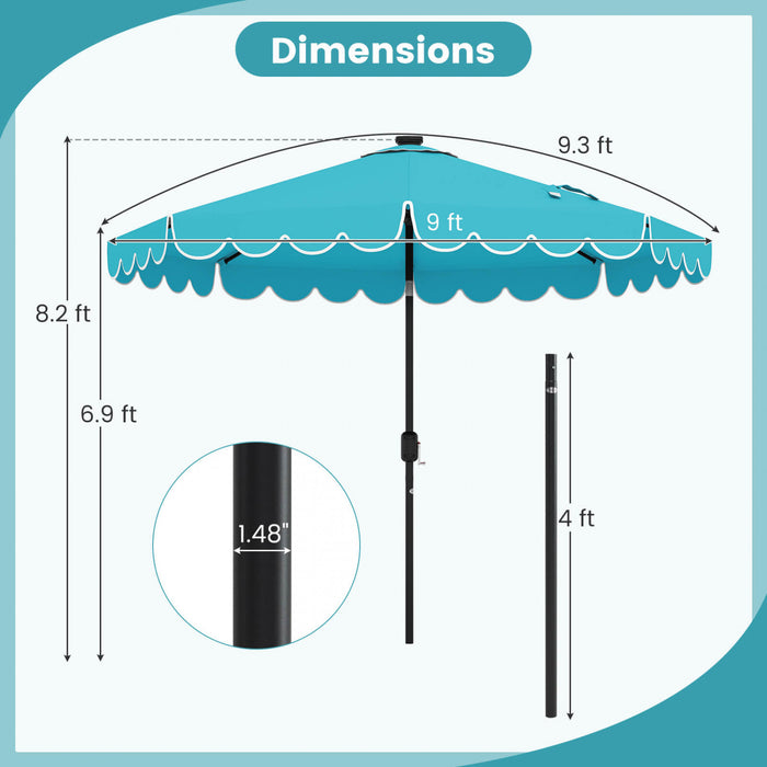 Costway 9.3 FT Solar Patio Umbrella Outdoor Market Sunshade with 24 LED Lights Ruffles Turquoise