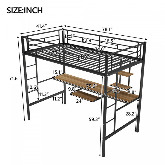 Andy Twin Loft Space-saving Metal Bed With Desk And Led Light, Black
