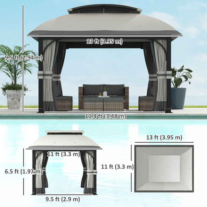 Outsunny 11' x 13' Double Roof Gazebo With Netting & Curtains, Light Grey