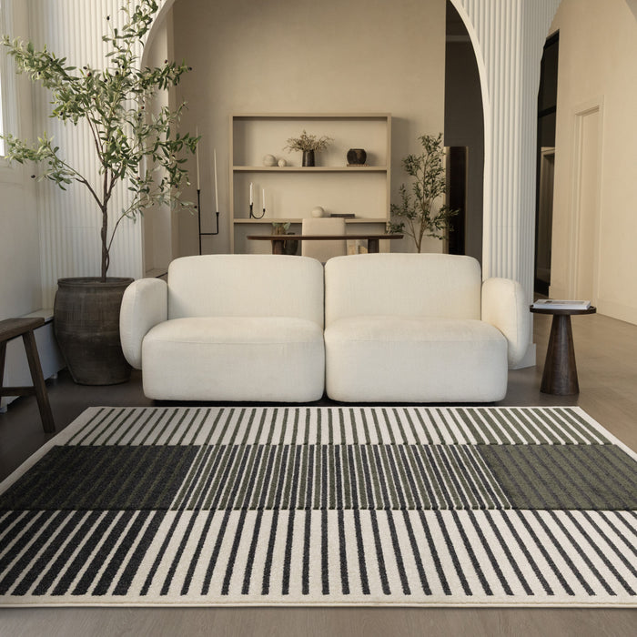 Maverick Green Black White Modern Striped Design Rug, 5'3\" x 7'7\" Indoor Area Rug