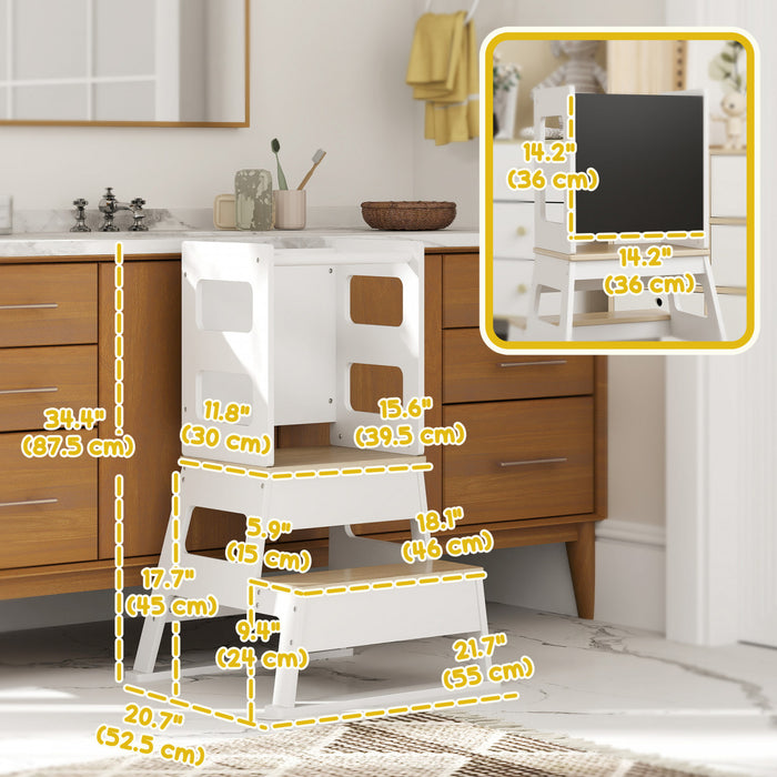 Qaba Toddler Tower Kitchen Step Stool, 2 in 1 Toddler Step Stool with Chalkboard, Safety Rail, Standing Tower for Counter, Bathroom, Sink, Kitchen, White