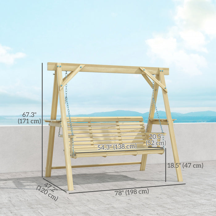 Outsunny 3 Seat Porch Swing with Stand and Side Tables, Natural Wood