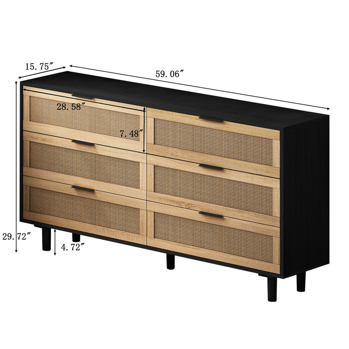 59\" Mila Modern 6 Drawer Rattan Storage Cabinet with Engineered Wood Frame - Black