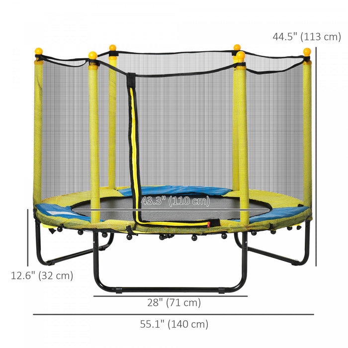 Qaba 55\" Trampoline for Kids, 44.5\"H Indoor Outdoor Toddler Trampoline with Safety Enclosure Net, Baby Recreational Play for Boys and Girls, Ages 3-10, Yellow