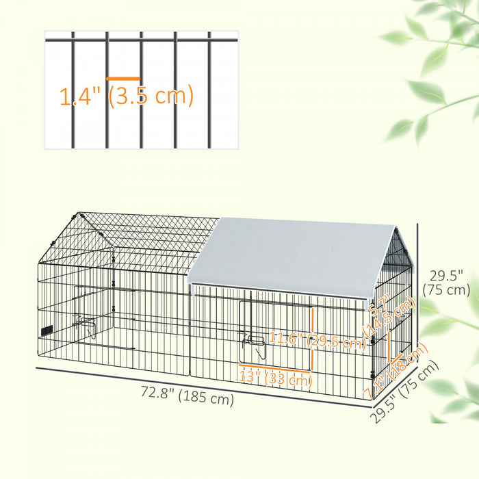 PawHut 73\"L Small Animals Pet Playpen Catio Cage with Doors for Rabbits, Guinea Pig, Chicken, Chinchillas, Cat, Quail, Duck, Outdoor Indoor Use with Spire Roof, Silver